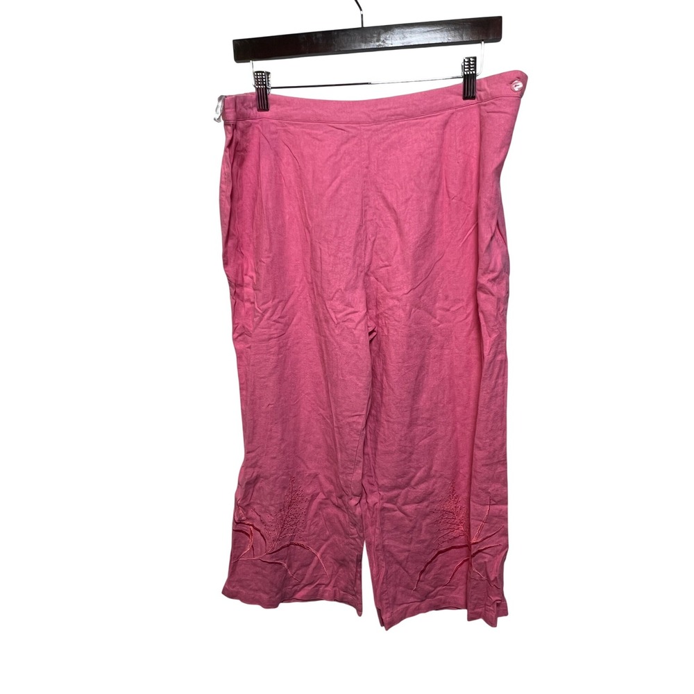 Rachel Rose Pink Linen Blend Cropped Wide Leg Embroidered Pants Womens XL Capris